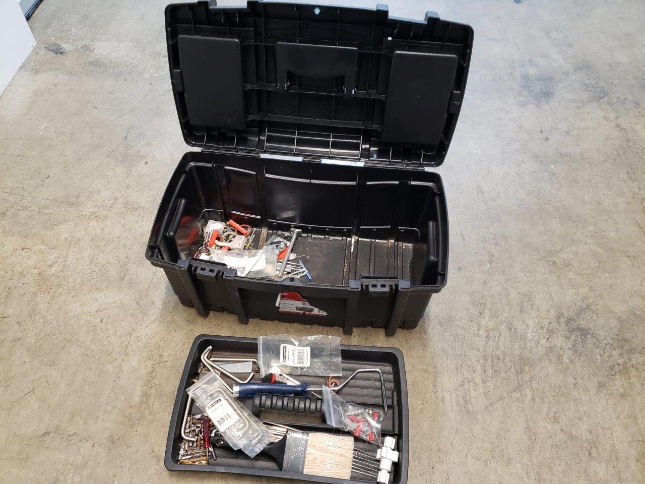 Husky 22" inch Tool Box paintbrush, roller, drywall anchors, drill screw bits, cabinet handles, screws, screwdriver