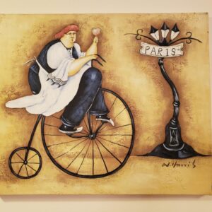 Oil Painting, Paris Scene Chief On Bike, Artist W. Harris. 20 X 24”